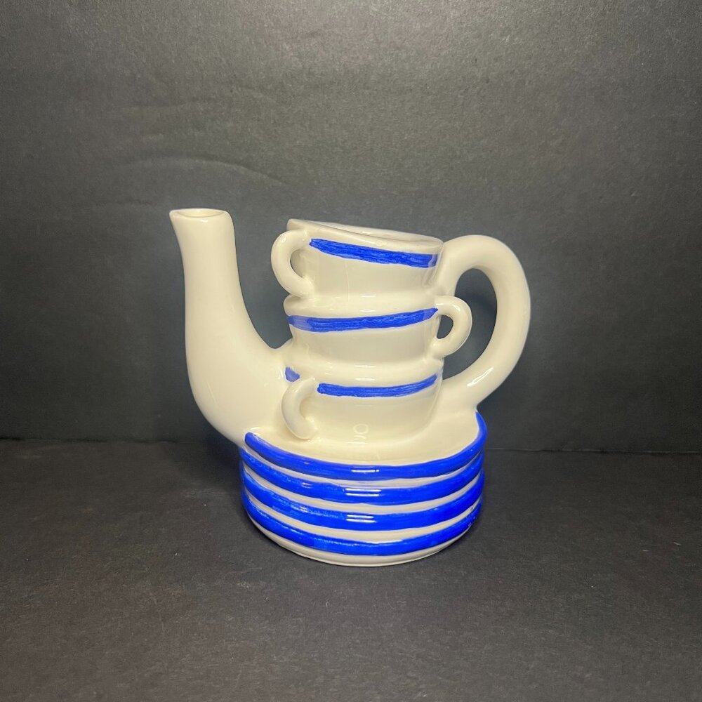 Vintage 1995 Chez Cafe Cardinal Inc White & Blue Pottery Art Mini Coffee Pot
